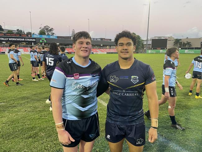 Opposition front rowers Cooper Clarke (Caloundra SHS) and Elijah Keung (Mabel Park) after their Langer Trophy clash. The pair are the Queensland Schoolboys starting front-rowers. Picture: Andrew Dawson