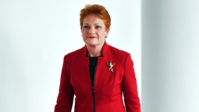 Pauline Hanson leaves after a press conference at Parliament House.