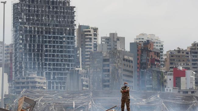 A soldier stands at the devastated site of the explosion in the port of Beirut on August 6, 2020 two days after a massive explosion devastated the Lebanese capital. Picture: Thibault Camus/AFP