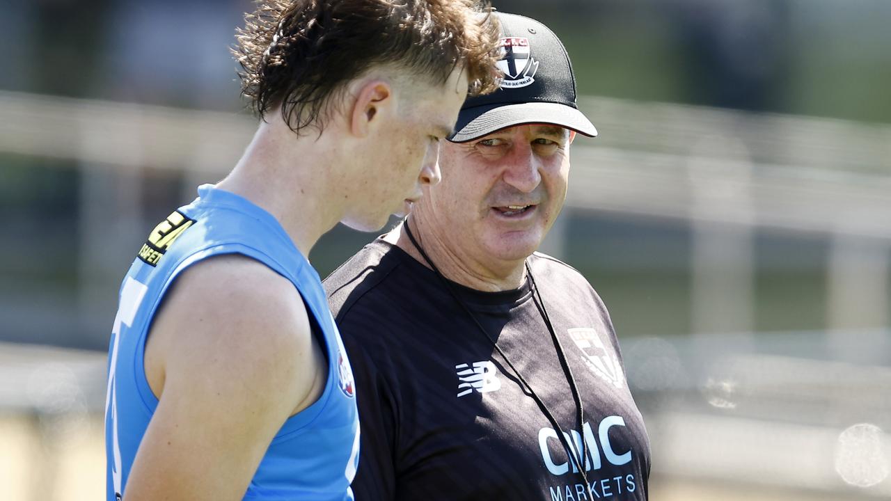 Mattaes Phillipou speaks to Ross Lyon at Moorrabin Oval. Picture: Getty Images