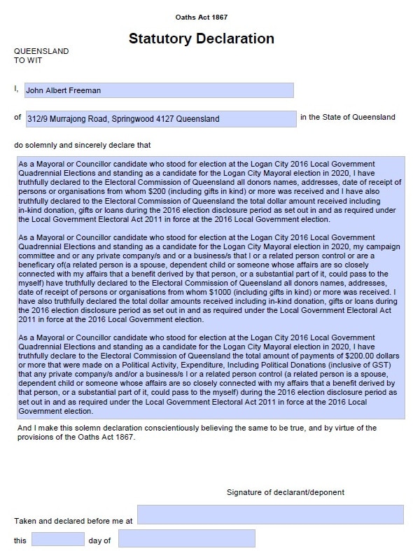 The Statutory Declaration form. 