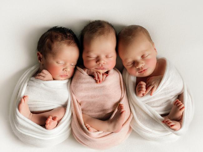 ** UNDER EMBARGO - NETWORK FIRST USE ONLY **  Triplets Auggie, Edie and Owen. Their Mum, Carly Goya, is pleading with politicians to roll out a national RSV immunisation plan. Supplied