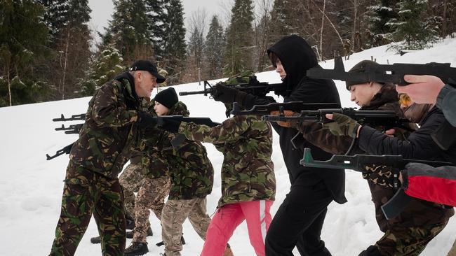 Across Ukraine, civilians are participating in volunteer groups to receive basic combat, medical and survival training. Picture: Gaelle Girbes/Getty Images