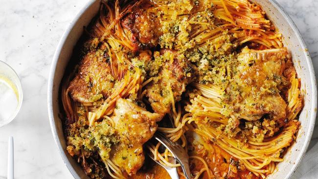 Yotam Ottolenghi’ One-pan crispy spaghetti and chicken.