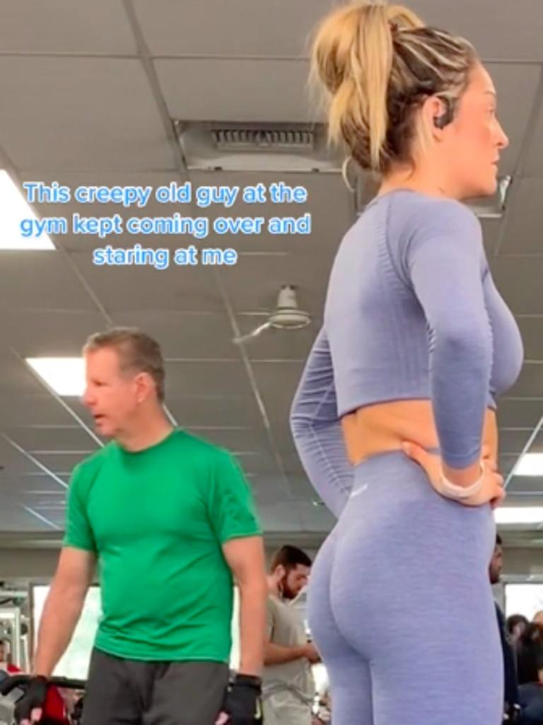 A personal trainer in the US has been praised for standing up to a ‘creepy old’ guy at the gym who was staring at her while she worked out. Picture: TikTok