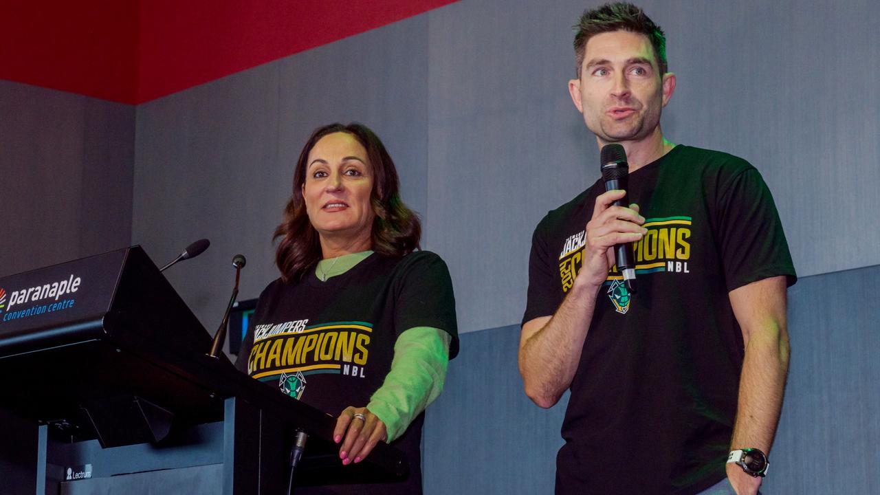 DEVONPORT, AUSTRALIA - APRIL 07: Jackjumpers CEO Christine Finnegan is seen with club high performance manager Ryan Carroll during the Tasmania Jackjumpers NBL Grand Final celebrations at on April 07, 2024 in Devonport, Australia. (Photo by Simon Sturzaker/Getty Images)