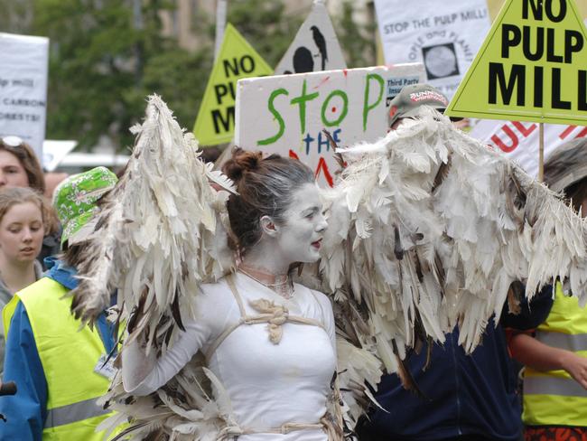 PROTEST: The Weld Angel at a rally against the pulp mill in Hobart in 2007. Picture: Roger Lovell