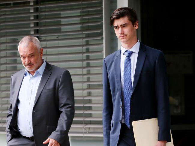 Samuel Balzarolo (right) leaving court after being convicted and fined for drug possession. Picture: AAP Image/Sue Graham