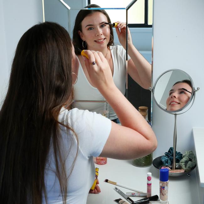 Tahlei Armstrong, 18, at home in Scarborough, with her cheap but effective makeup. Picture Liam Kidston