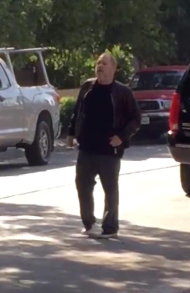 Harvey Weinstein in the street trying to get a ride from his daughter Remy’s home. Picture: TMZ/BACKGRID