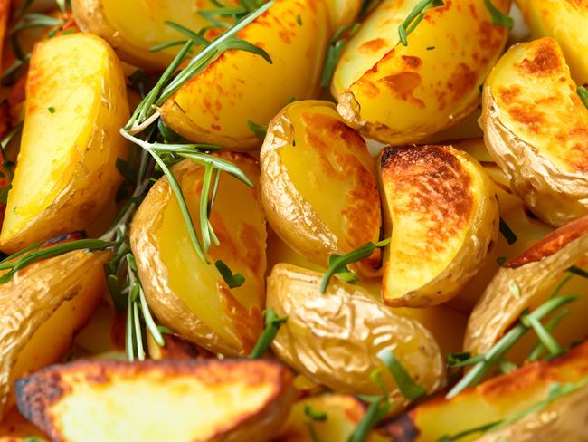 Roast potatoes go well with salty feta cheese.