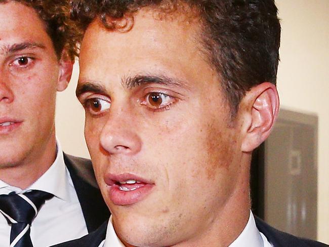 MELBOURNE, AUSTRALIA - MAY 15:  Charlie Curnow (L) and brother Ed Curnow of the Carlton Blues leave after their AFL Tribunal Hearing into intentional contact with an umpire at AFL House on May 15, 2018 in Melbourne, Australia. Both escaped susupension.  (Photo by Michael Dodge/Getty Images)