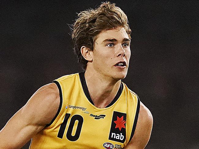 MELBOURNE, AUSTRALIA - JULY 03: Deven ROBERTSON of Western Australia runs with the ball during the AFL Under 18 Championships match between Vic Country and Western Australia at Marvel Stadium on July 03, 2019 in Melbourne, Australia. (Photo by Michael Dodge/AFL Photos via Getty Images )