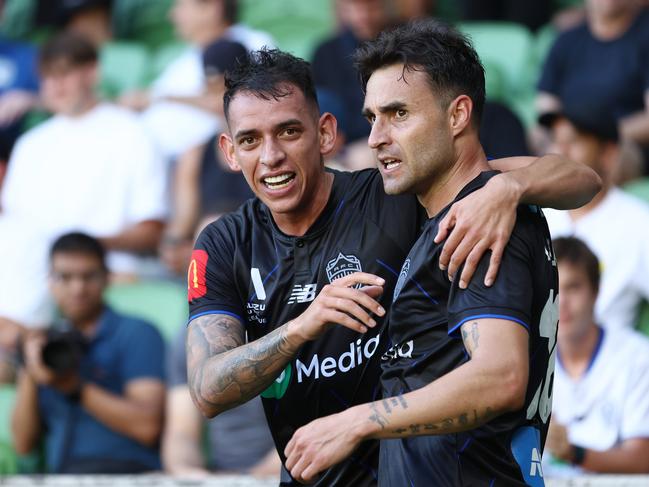 Neyder Moreno of Auckland FC (L) and Felipe Gallegos of Auckland FC celebrate a goal which was later disallowed during the round eight A-League Men match between Melbourne City and Auckland FC at AAMI Park on December 15, 2024 in Melbourne, Australia. Picture: Graham Denholm/Getty Images