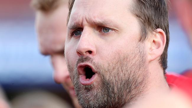 North Adelaide coach Jacob Surjan screams instructions at his players during the club’s thrilling, come-from-behind win against Norwood. Picture: Sarah Reed