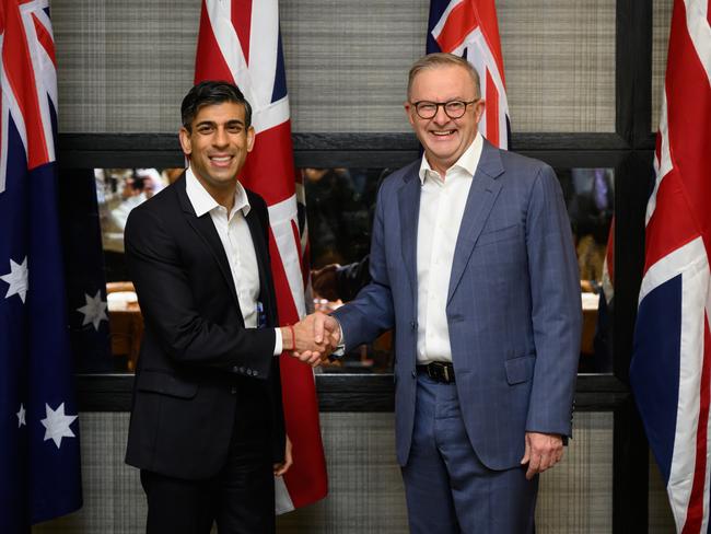 Prime Ministers Rishi Sunak and Anthony Albanese closed a deal on building nuclear submarines in Britain. Picture: Getty Images