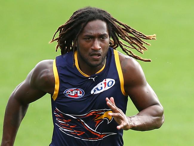 PERTH, AUSTRALIA - SEPTEMBER 11:  Nic Naitanui works on running drills during a West Coast Eagles AFL training session at Domain Stadium on September 11, 2017 in Perth, Australia.  (Photo by Paul Kane/Getty Images)