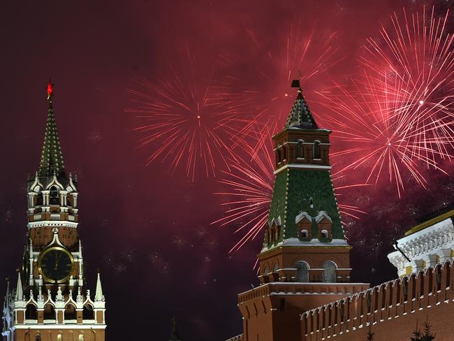 Fireworks explode over the Kremlin in Moscow during New Year celebrations. Picture: AFP