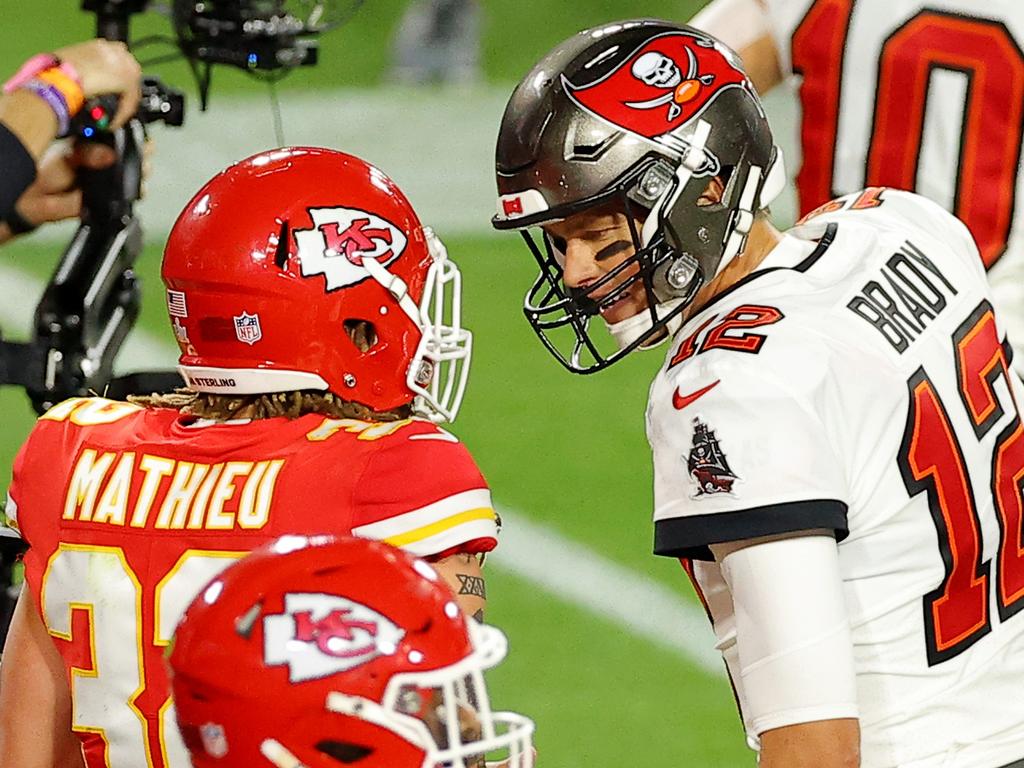 Tom Brady gets in Tyrann Mathieu’s grill. Picture: Kevin C. Cox/Getty Images