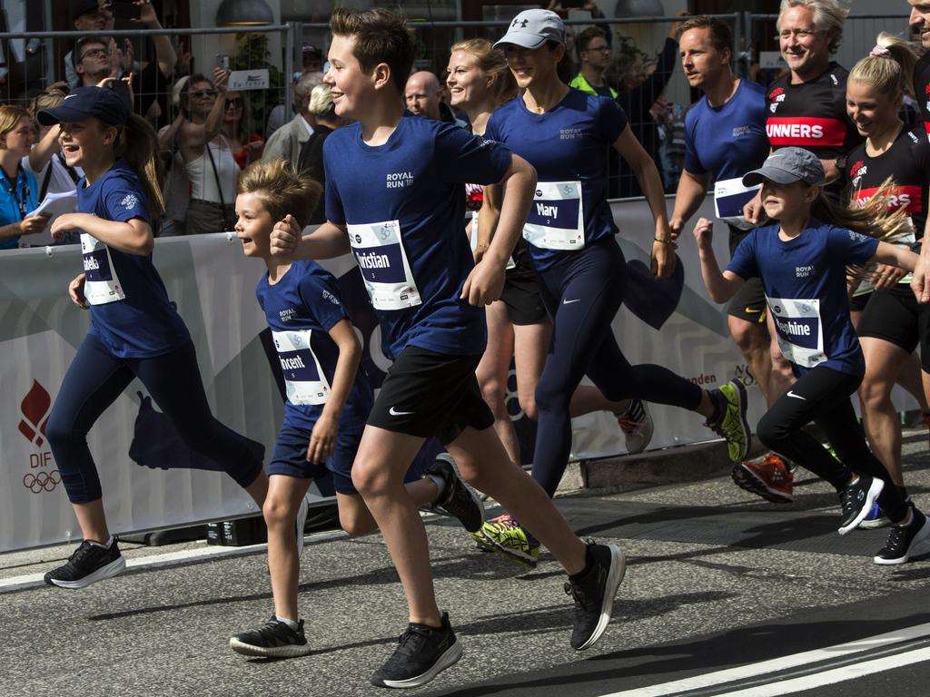 The family take part in a Royal Run for Prince Frederik’s 50th birthday in Copenhagen. Picture: Ole Jensen/Getty Images