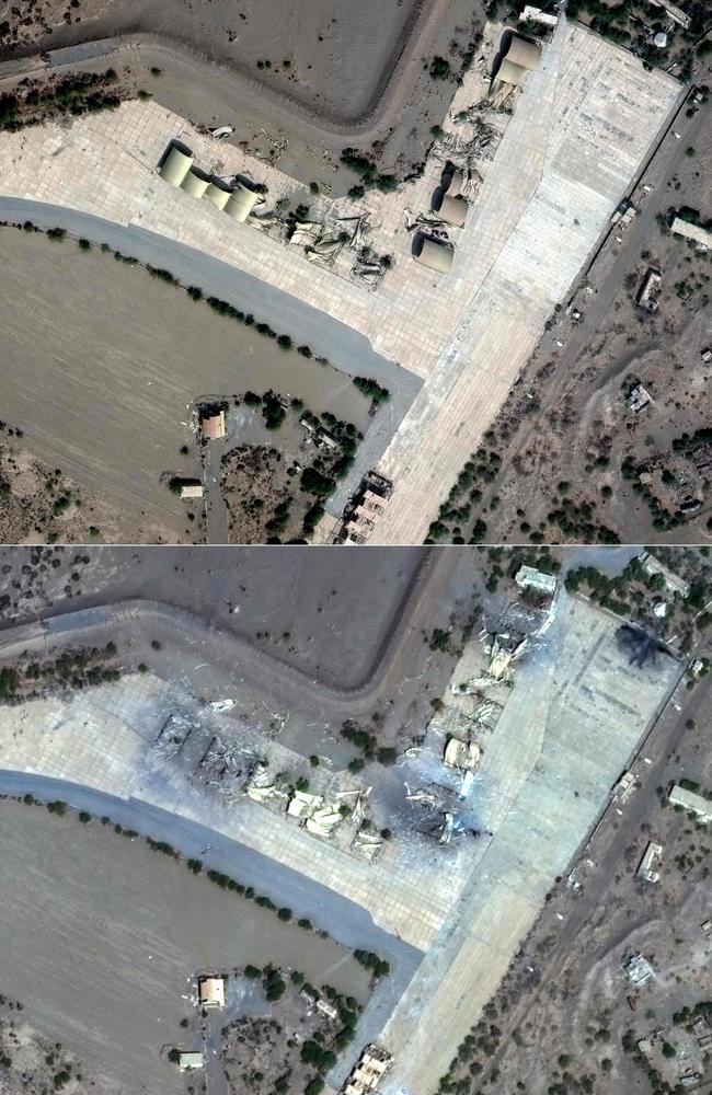 Before-and-after satellite images show Hodeida airfield in Yemen: top, pre-strike shelters on January 25, 2023; bottom, post-air strike destruction on January 12, 2024, following US and UK operations. Picture: Maxar Technologies/AFP