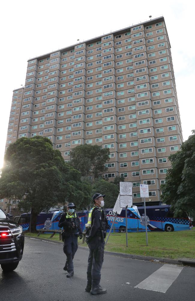 Police guarding the towers on Sunday. Picture: David Crosling