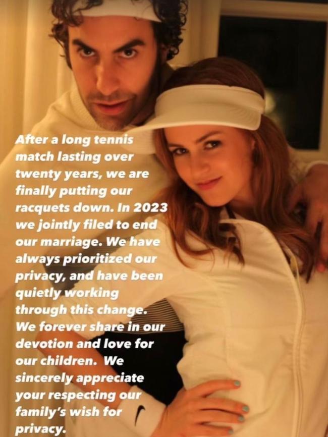 Sacha Baron Cohen and Isla Fisher’s divorce announcement. Source: Instagram/islafisher