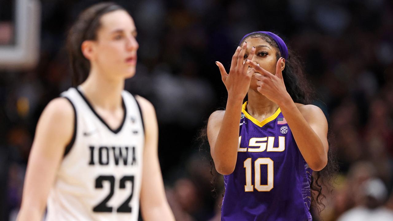 Angel Reese of the LSU Lady Tigers reacts towards Caitlin Clark of the Iowa Hawkeyes during the NCAA championship game. Photo: Maddie Meyer/Getty Images/AFP