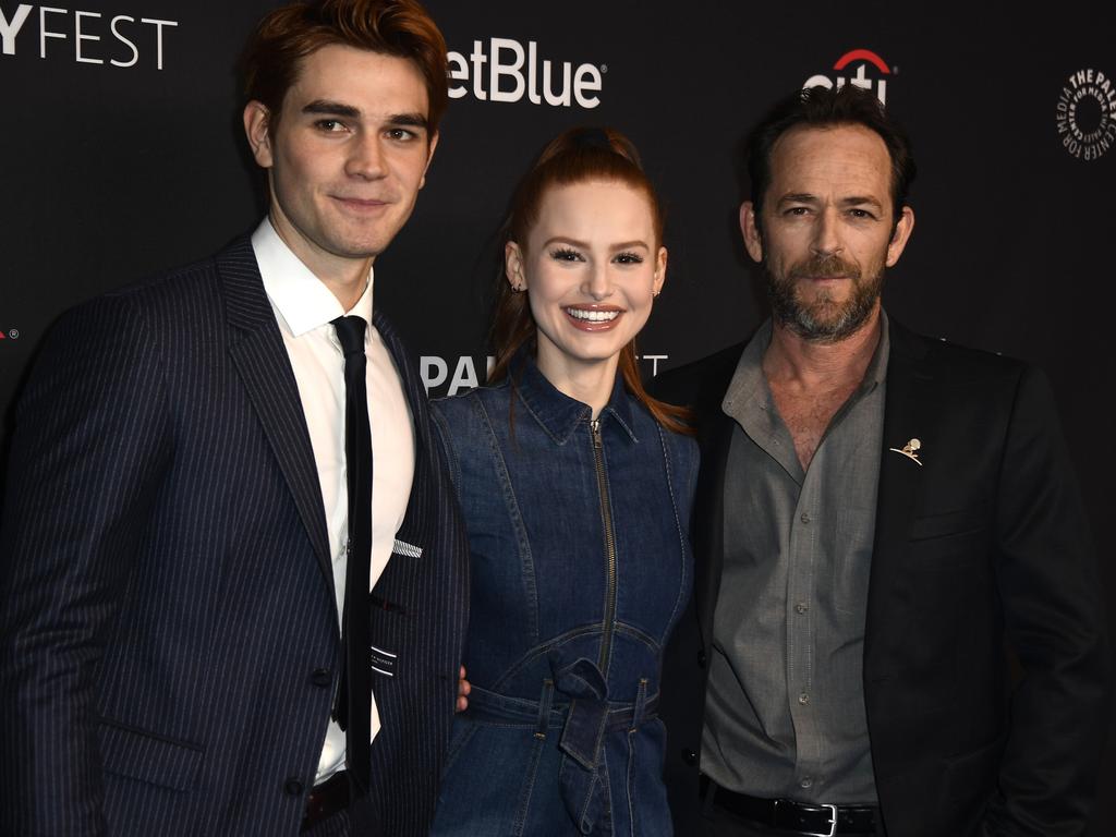 Perry with Riverdale co-stars KJ Apa and Madelaine Petsch on March 25, 2018 in Hollywood, California. Picture: Frazer Harrison/Getty Images