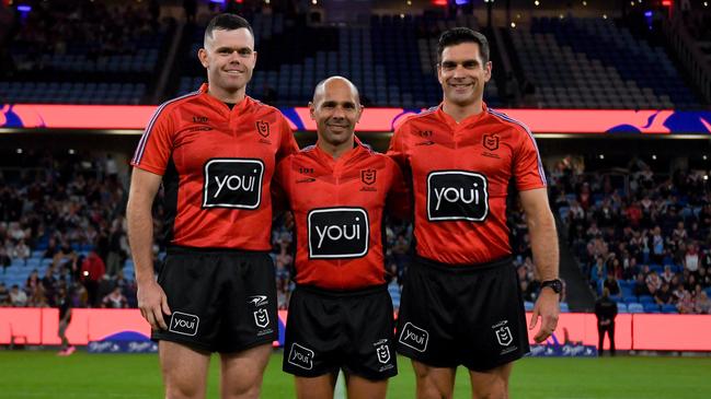 Referee Ashley Klein (centre) before the Roosters v Storm game in April. NRL Imagery