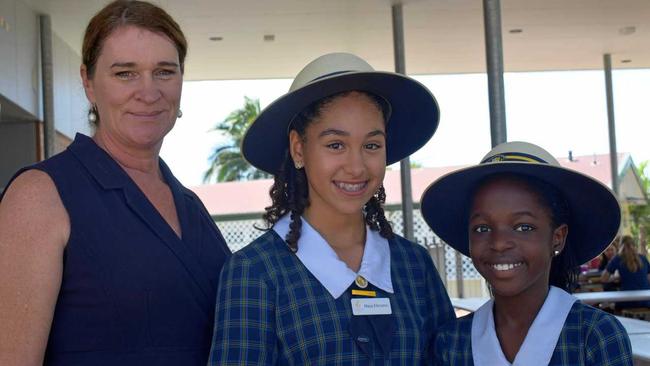 Former RGGS Principal Christine Hills with students Maya Elkhishin and Carrie Mtize. Picture: Maddelin McCosker