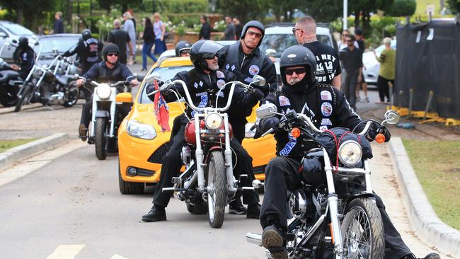 Bikies turned up in their hundreds for the funeral of slain Rebel Darren Wallace. Picture: Adam Taylor