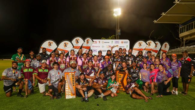 2024 grand final winners celebrating after the 2024 Imparja Cup presentations. Picture: Charlie Lowson/NT Cricket.