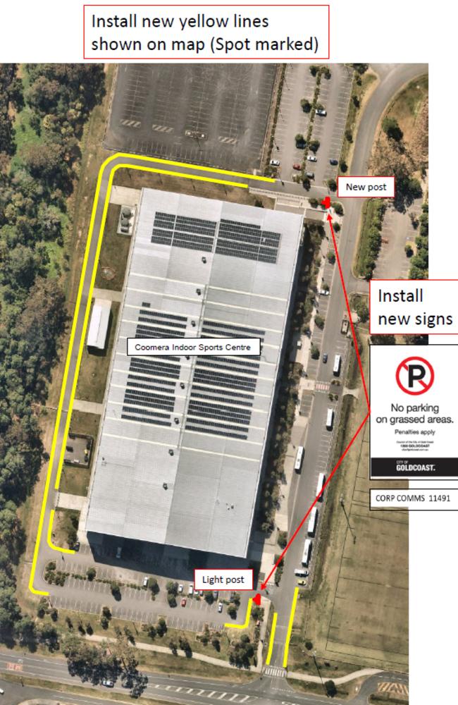 A map supplied to the Bulletin by council showing the location of yellow lines and signage at the Coomera Indoor Sports Centre.