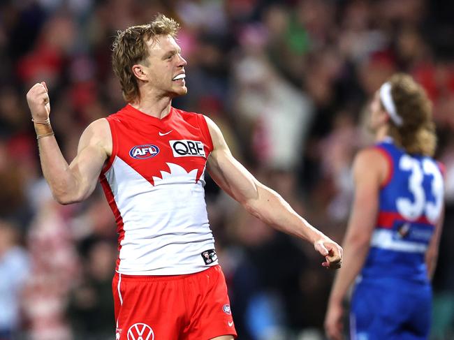 SYDNEY, AUSTRALIA - JULY 13:  Callum Mills of the Swans celebrates victory during the round 18 AFL match between Sydney Swans and Western Bulldogs at Sydney Cricket Ground, on July 13, 2023, in Sydney, Australia. (Photo by Mark Metcalfe/AFL Photos/via Getty Images)