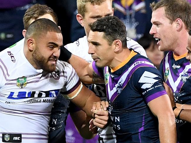 **RETRANSMISSION - CAPTION CORRECTION FOR ID: 20180519001346406363 - CORRECTING NAME OF MANLY PLAYER** Billy Slater of the Storm drags out Dylan Walker of the Sea Eagles as players from both sides get into a fight during the Round 11 NRL match between the Melbourne Storm and the Manly-Warringah Sea Eagles at AAMI Park in Melbourne, Saturday, May 19, 2018. (AAP Image/Joe Castro) NO ARCHIVING, EDITORIAL USE ONLY