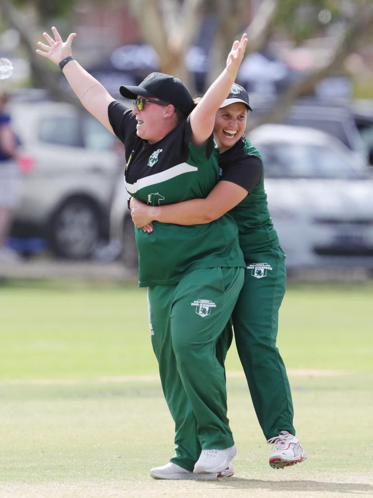 Bell Park bowler Louise Darbyshire and Lauren Marino celebrate one of Darbyshire’s three wickets. Picture: Mark Wilson