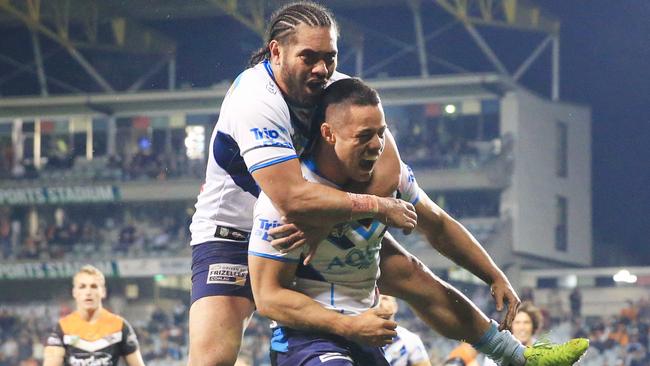 Jarryd Hayne celebrates scoring his second try of the night. Picture: Mark Evans