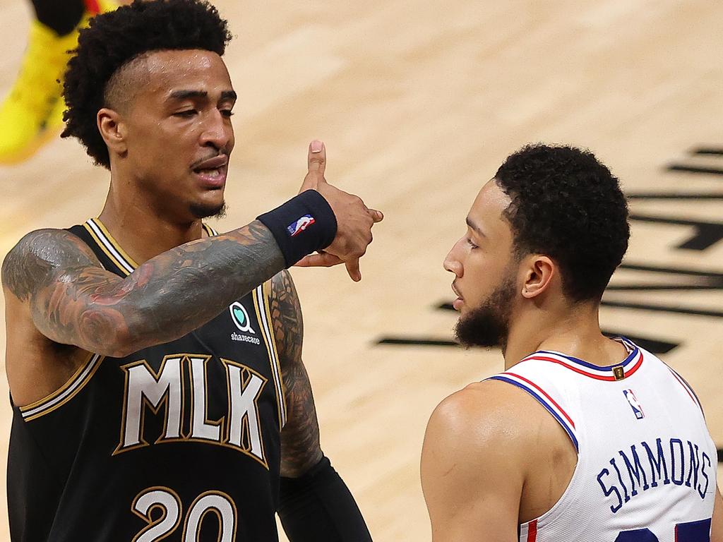 Ben Simmons was lucky not to be ejected from the game for fouling Atlanta’s John Collins. (Photo by Kevin C. Cox/Getty Images)