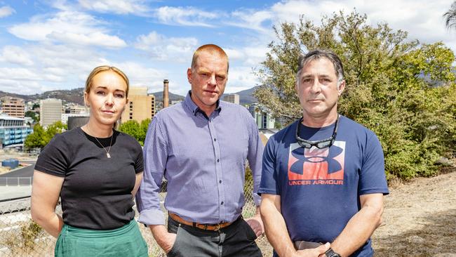 Greens Member for Clark Vica Bayley with Tabatha Badger and Chris discussing housing at Hobart Cenotaph. Picture: Linda Higginson