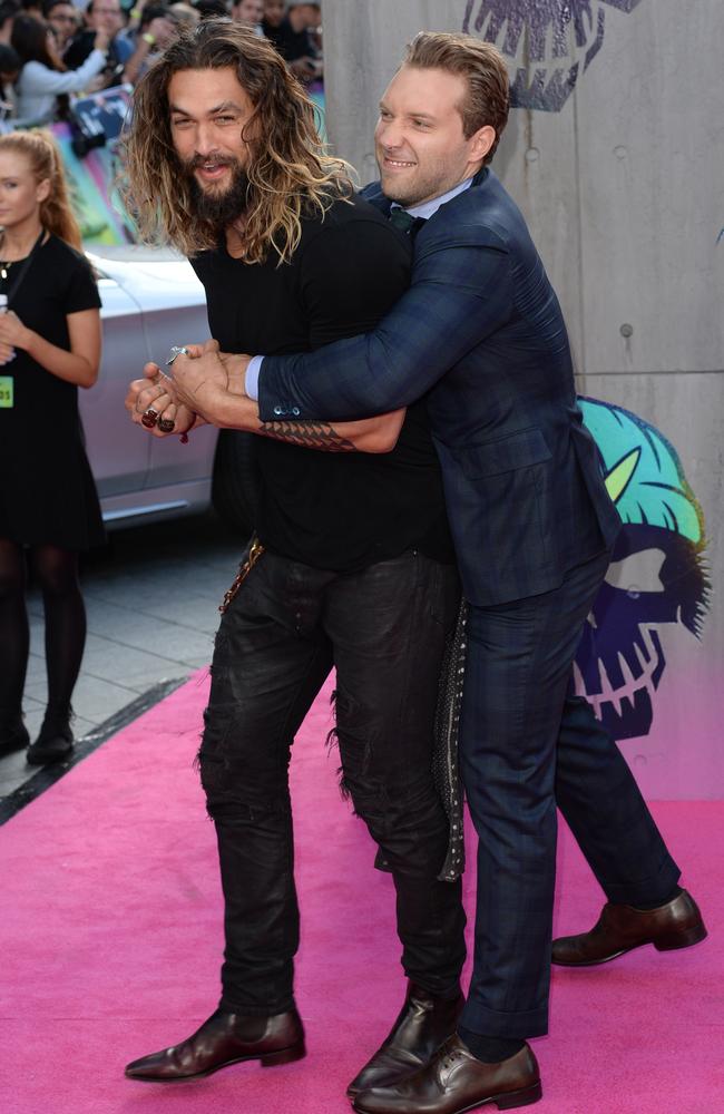 Jai Courtney and Jason Momoa attend the European Premiere of “Suicide Squad” at the Odeon Leicester Square on August 3, 2016 in London, England. Picture: Getty