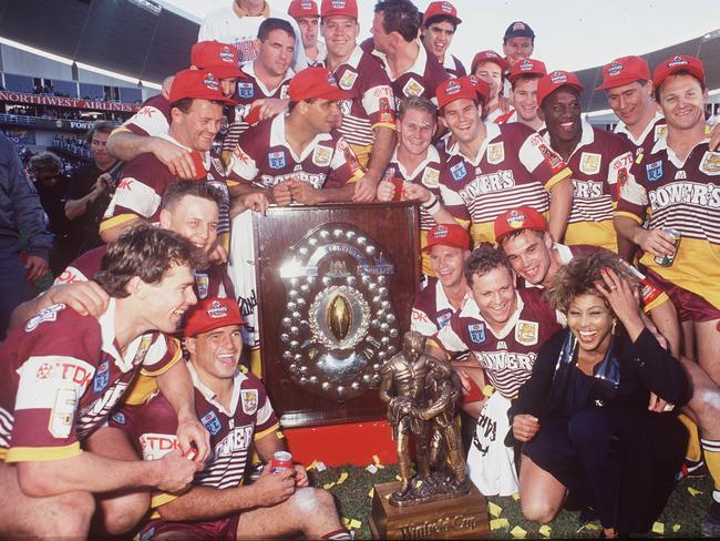 The victorious Brisbane Broncos with Tina Turner after their Grand Final win in 1993. Picture: Action Photographics