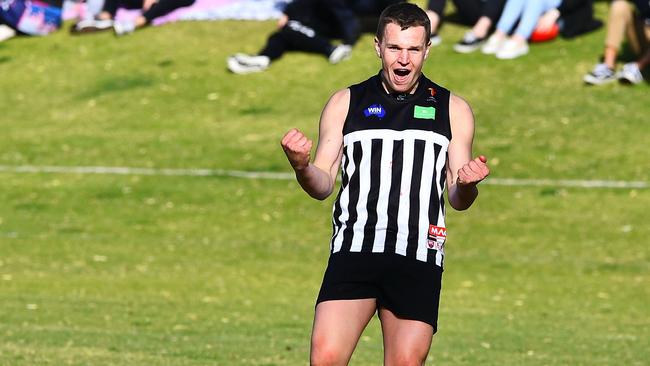 Daniel Nobes kicks his 100th goal for Waikerie against Barmera-Monash in the Riverland Football League. Picture: GRANT SCHWARTZKOPFF