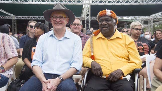 Anthony Albanese with Yothu Yindi Foundation Chair Galarrwuy Yunupingu at the Garma Festival in northeast Arnhem Land.