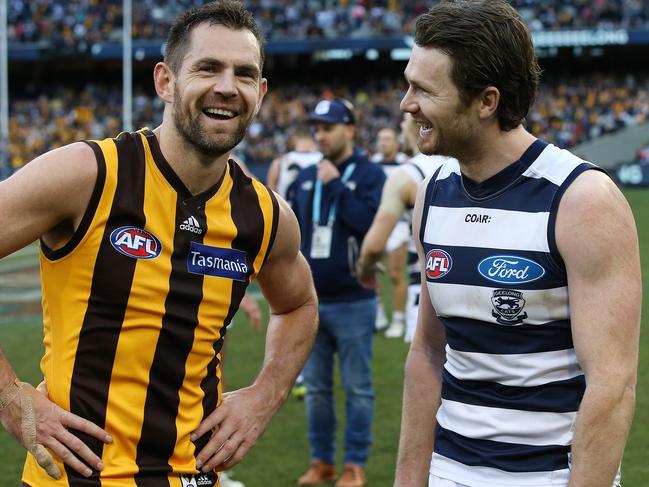 AFL Round 17. Geelong Cats vs. Hawthorn at the MCG. Patrick Dangerfield has a laugh with Luke hodge after game   . Pic: Michael Klein