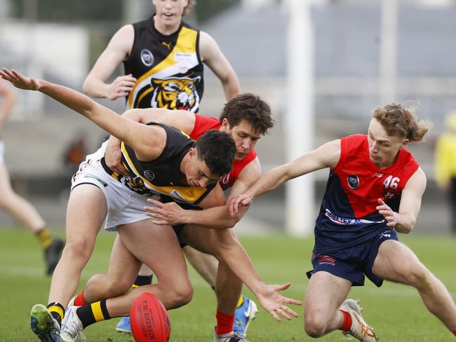 SFL Premier League.  Mason Flanagan Kingborough with Josch Bingham and Riley Wood North Hobart.  North Hobart V Kingborough.  Picture: Nikki Davis-Jones