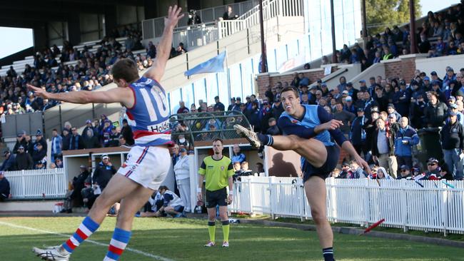 Fraser Evans nails a brilliant goal for Sturt in the win over Central District. Picture: Emma Brasier/AAP