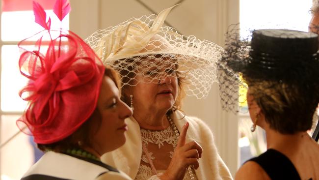 Sophie Mirabella, Gina Rinehart and Julie Bishop in the Emirates marquee at the 2016 Emirates Melbourne Cup at Flemington Race Course. Picture: Stuart McEvoy