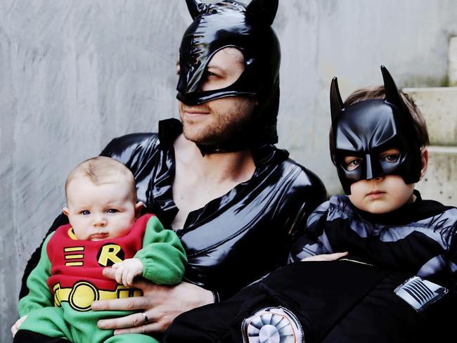 Foster Blake’s Instagram post of hubby Hamish Blake as Batman with their kids for Halloween.