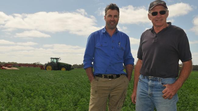 Generation next: Joe Cook and his father, Don, on their farm near Keith in South Australia. Picture: James Wagstaff